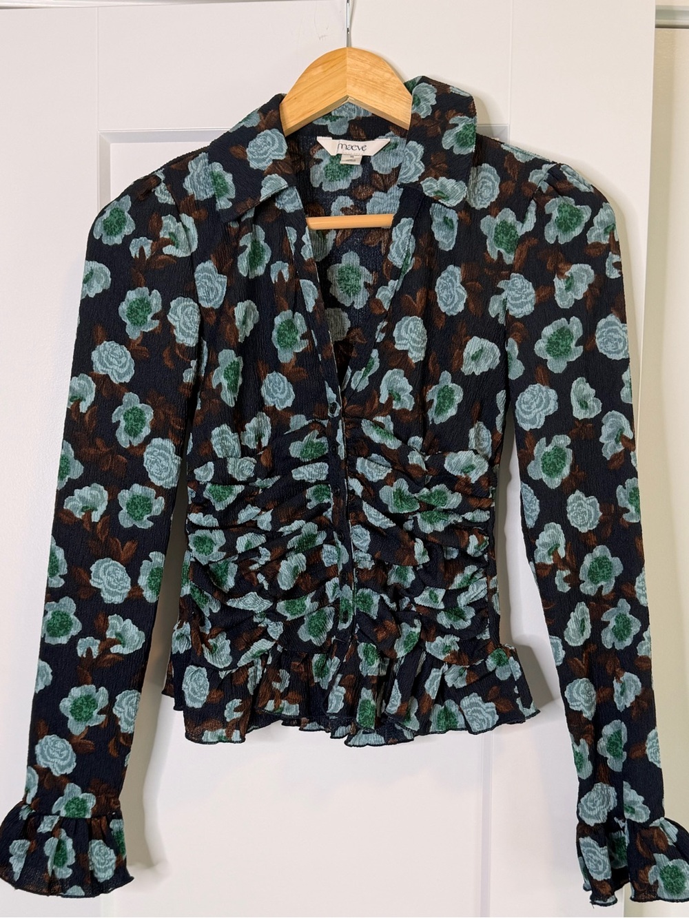 💙2 for 50-Maeve Black Long-Sleeve Floral Ruched Blouse